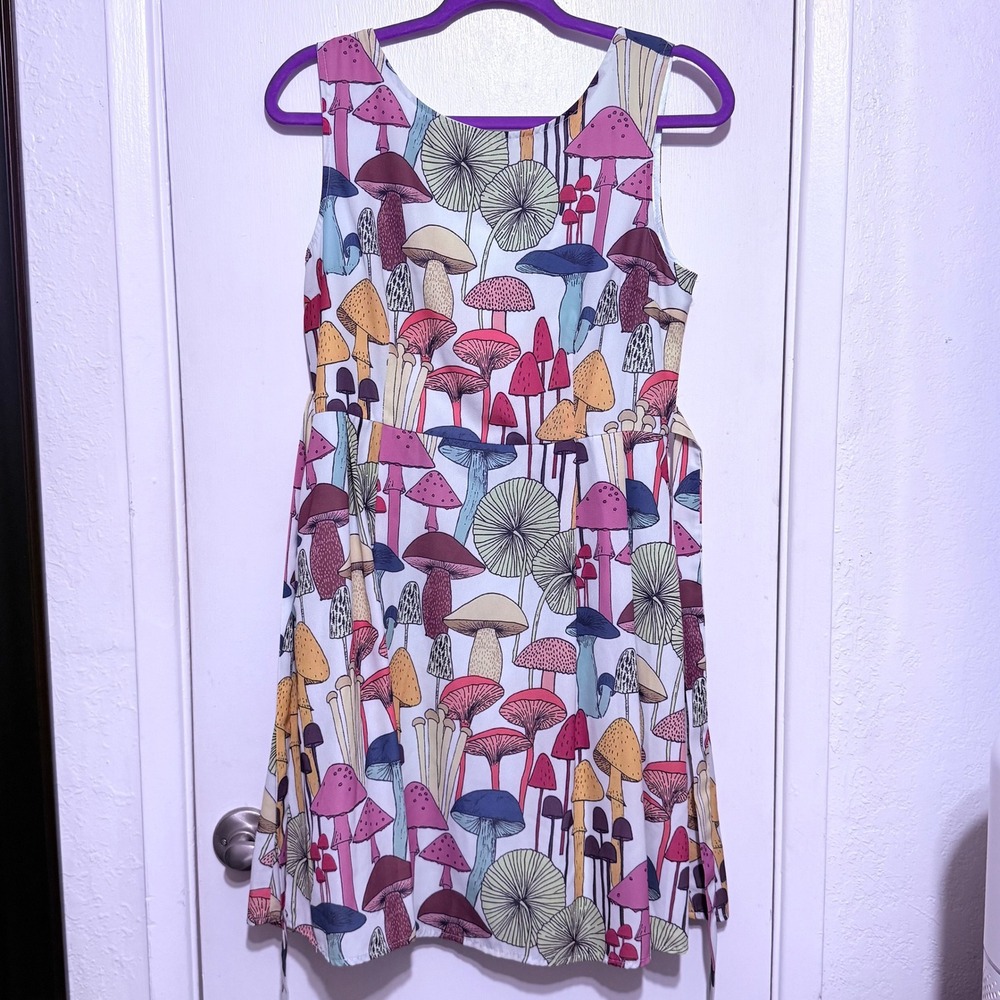 LA Soul Mushroom Print Fit Flare Dress Womens Medium Pink Blue Botanical V-Back